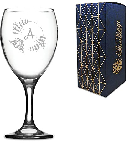 Personalised Engraved Novelty Wine Glass with Initial and Wreath, Gift Boxed, Perfect for Any Occasion