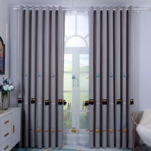 Lsimeru Auto Verdunkelungsvorhang Kinderzimmer Junge Ösen Stickmuster Grau Vorhänge Gardinen Babyzimmer Kinder Dekoschal 2er Set Grau 140x225 Lang