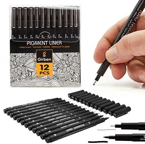 Girben Fineliner penne da disegno - 12 china per disegno, fineliner a Base Acqua, Asciugatura Rapida, Pigmen Liner, tratto penne nero, trattopen neri, radiograph