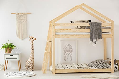 ahoj baby Etagenbett aus Holz, Kinderhausbett, Kinderzimmer, Solide Holzbett für Kinder, Montessori Kleinkinderbett, Jungenbett (80x200 cm)
