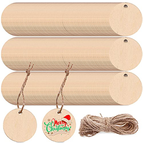 200 Stück unlackierte Holzstücke, runde Holz-Geschenkanhänger, blanko Holzanhänger, Namensschilder, Etiketten mit Jute-Seil, für Bastelprojekte, Zuhause, Weihnachten, Festival, Dekoration (rund)