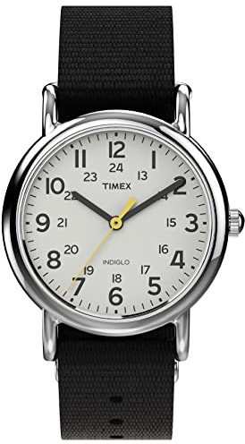 Timex Women's Weekender 31mm Watch – Silver-Tone Case White Dial with Black Fabric Strap