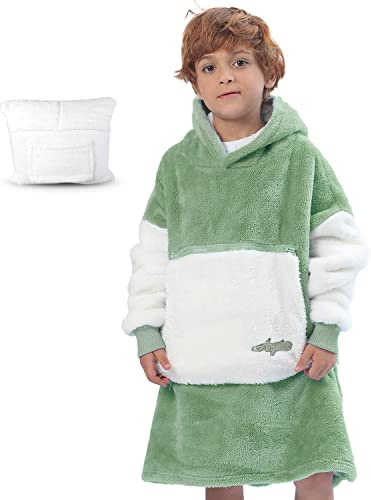 Argstar Übergroße Hoodie decke Kinder, tragbare Decken Hoodie für Mädchen Junge, weiche Kapuzendecke, kuschelige Sherpa-Decke, warmes Hoodie mit Tasche und Ärmeln, Salbeigrün
