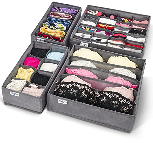 Craxter Underwear Drawer Organiser Divider – Set of Fabric Drawer Dividers for Clothes, Foldable Wardrobe Draw Organizer for Baby clothes, Socks, Bras, Scarf, Ties, Belts and Knickers (Set of 4 Grey)