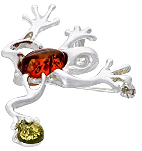 AMBEDORA Silber Brosche Frosch mit Bernstein für Damen I Baltischer Bernstein in Zwei Farben | Sterling Silber 925 | Geschenke für Frauen