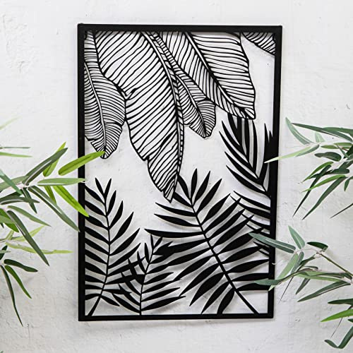 Black Metal Fern Palm Leaf Wall Art Garden Sculpture Plaque Home Decor 45cms