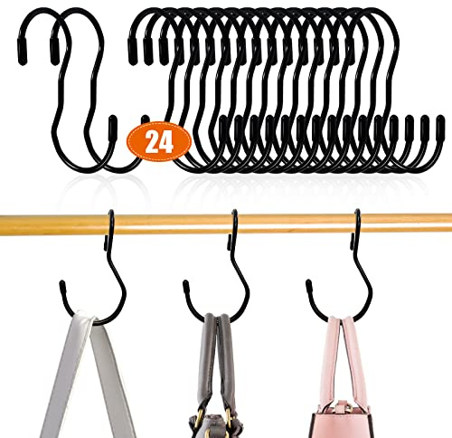 WEKIWGOT 24 Stück S Haken Edelstahl Metall, Schwarz Schwermetall Haken für Handtaschen, Taschen, Gürteln, Schals, Hüten, Kleidung, 46mm S-Förmige Haken für Küche, Garderobe, Sparen Sie Viel Platz
