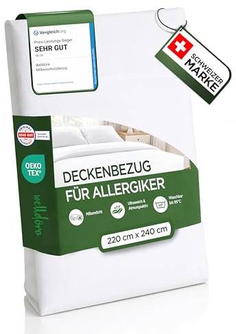 Welldora Milbenbezug Bettdecke 220x240, Premium Encasing, Allergiker | Allergiker-Bezug gegen Milben & Bettwanzen | Dermatologisch getestet | Oeko-Tex Bettwäsche | Waschbar 95°C | Schweizer Marke
