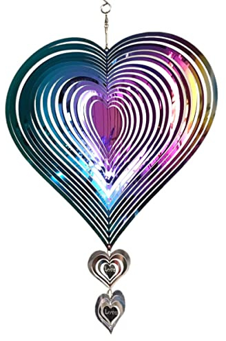 Windspiel Spirale Großes 3D-Herz Windspiel Kinetische Farbenfroher Mandala Edelstahl Erzeugt Beruhigende Lichtreflexe für Garten Fenster Meditation Dekoration