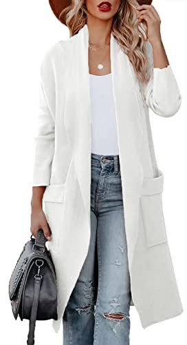 Uusollecy Cardigan Mujer Chaqueta Fina Mujer para Otoño e Invierno Abrigo Informal con Bolsillo Chaqueta de Punto Mujer Chaqueta Punto Mujer,Blanco,M