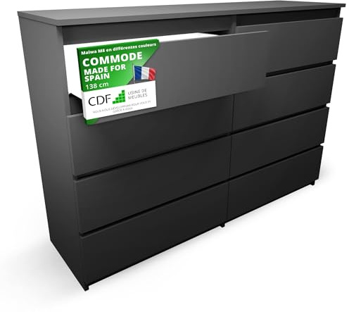 CDF Kommode Schwarz mit 8 Schubladen 40 cm Tief Komodenschrank Komode | für Wohnzimmer Schlafzimmer Schubladenschrank Malm Kommode viel Stauraum Geeignet Organizer Kleidung 138cm Breite Modern Look