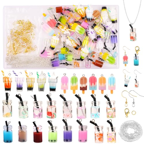 Svalor 48 Stück Charms Anhänger Set,Bubble Tea Anhänger mit 81pcs Zubehör,Bastel Sachen für Ohrringe Selber Machen Set,aus Harz,mit Aufbewahrungsbox, für DIY Armband Halsketten Ohrringe Schmuck