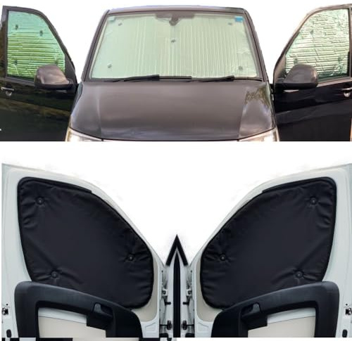 Tendine Parasole Auto Compatibile con VW Caddy (2004-2020)(Set Completo + Porte Della Stalla) Dorso Nero,Reversibile e Termico