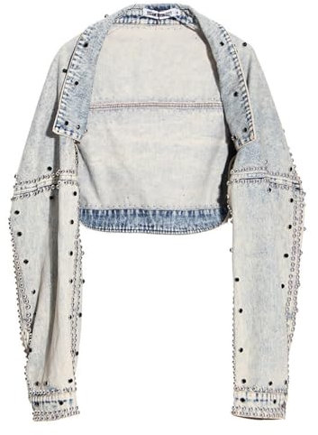 Crop Fitted Jeansjacke Für Damen – Ausgewaschene Jeansjacke Im Distressed-Stil, Niete, Diamantbesetzte Jeansjacke, Hellblaue Jeansjacke Mit Hohem Bund Und Schal, Blau, L