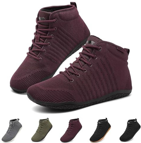 Geweo Winter Barfußschuhe Herren Barfuss Sneaker Barfussschuhe Herbst Schuhe Damen Walkingschuhe Winterschuhe Trail Running Minimalistische Schuhe Rutschfeste Bequem Weinrot 39EU