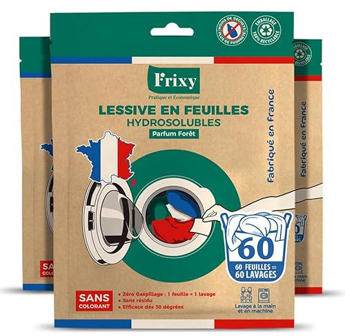 FRIXY - LESSIVE EN FEUILLES - Pack de 3 sachets (soit 60 feuilles) - Fabriquée en FRANCE - Pré-dosée (1 feuille = 1 lessive) - 100% hydrosoluble - Facile à utiliser et ranger