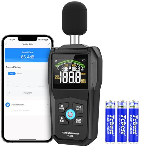 AIOMEST Dezibel Messgerät mit Bluetooth App, Digital Tragbare Schallpegelmesser 30dB bis 130dB mit LCD-Display A/C Gewichtet MAX/MIN, Datenspeicherung, Sound Level Meter für Klassenzimmer Büro Zuhause