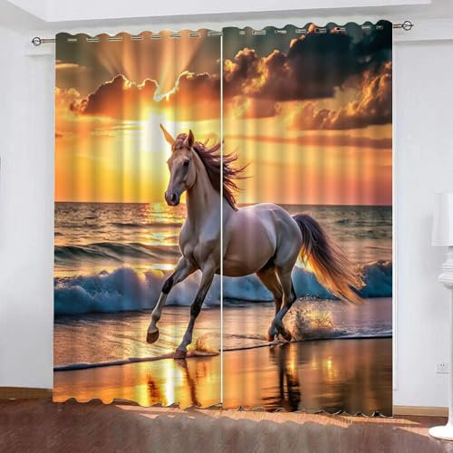 Generisch Gardinen Laufendes Pferd 2 Stück H 160Cm X B 100Cm,Vorhang Tier Blickdicht Ösen 2Er Set,Verdunklungsvorhänge Lichtundurchlässig Kinderzimmer,Kinder Vorhang Verdunkelung,A29