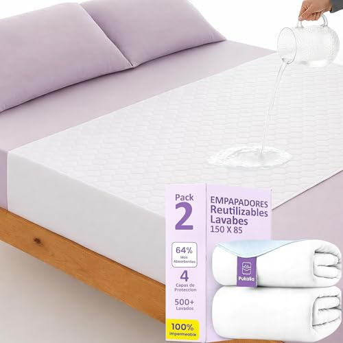 Pukalia® Empapadores Cama Adultos 150 x 85cm con Alas (Pack x2) Lavables – 4,7L Ultra Absorbentes 3,5Lm2 – Sin Fugas, Sin Ruidos – Protección Nocturna para Incontinencia, Mayores y Bebés –