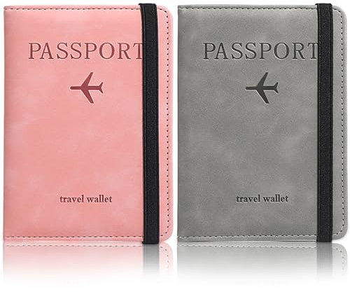 NLONLL 2 Stück Reisepasshülle PU-Leder Reisepass Hülle Passport Cover mit RFID Blocker Passport Holder Tragbare Pass Hülle für Damen Herren Kreditkarten Ausweis Reisedokumente (Grün,Rosa)