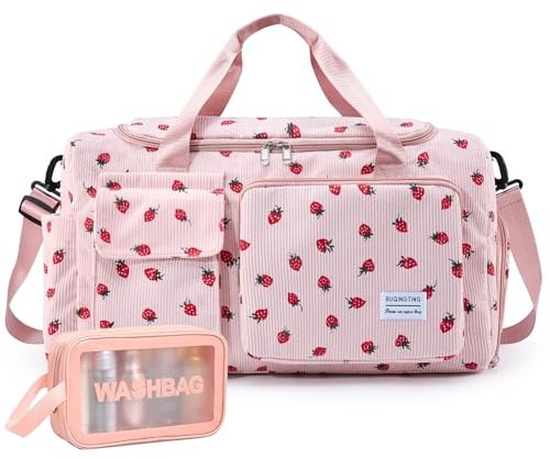 Liten gymväska för kvinnor, resväska duffelväska handbagage på weekendväska med skofack, Jordgubbar #rosa, Gymväska & toalettartiklar väska