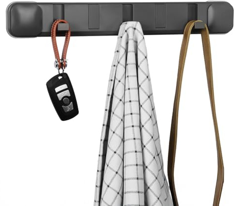 flintronic 5 Garderobenhaken, Moderne Garderobenleiste Umklappbaren, Saugnapf Haken, Wandgarderobe Grau, Wandhaken Selbstklebend & Schrauben, Hakenleiste Kleiderhaken für Jacken Schals Handtaschen