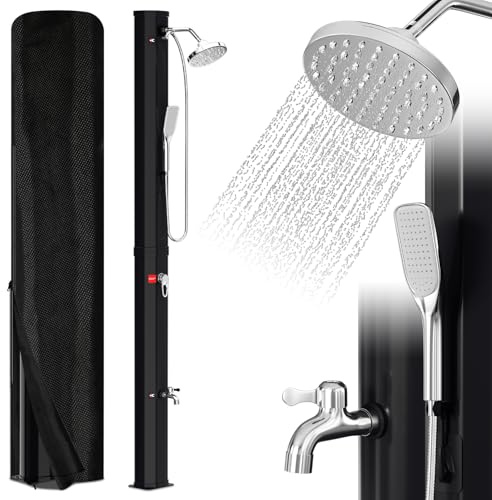 Eulenke Solardusche Garten 35 Liter | Gartendusche Solar | warmes Wasser max. 60 °C | außendusche mit handbrause & Wasserhahn | Inkl. Schutzhaube | Regenduschkopf und Wasserhahn | Schwarz