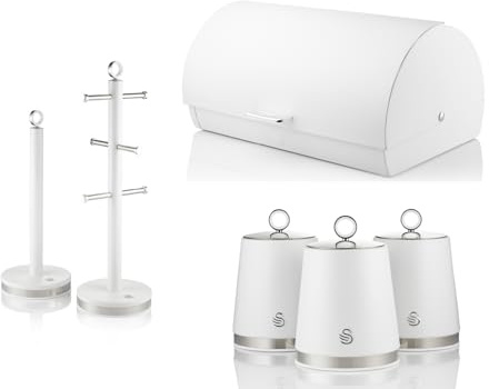 Swan Serenity Bread Bin, Tea, Coffee, Sugar Canisters, Mug Tree & Towel Pole in White with Polished Stainless Steel Accents. Beautiful Design Matching Kitchen Storage Set of 6 with a Sleek Whte Finish