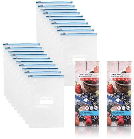 Vaily Zip Gefrierbeutel 20er Set - 3L Frischhaltebeutel zum wiederverschließen - Großes Set zur Lebensmittelaufbewahrung und Einfrieren