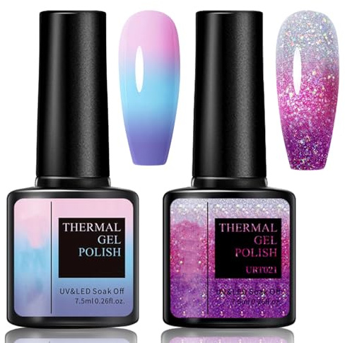 2PCS Farbwechsel UV Gel Nagellack - 7.5ml Temperatur Soak Off UV LED Nail Art Lack Gellack Set - Glitzer Rosa Blau Lila (16+21)