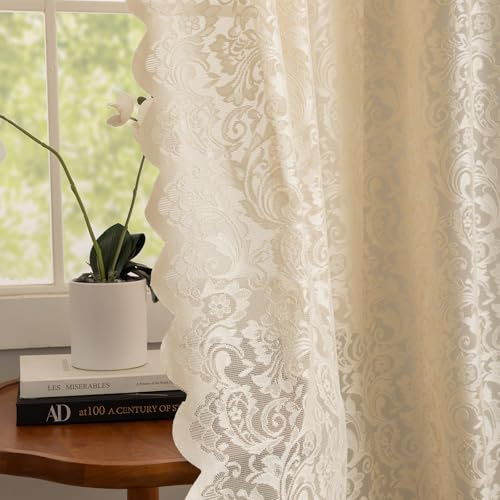 Aligogo, beige Küchenvorhänge, transparente Vintage-Spitzenvorhänge mit floralem Muster, 114 cm lang, Bestickt, Stangendurchzug und geschwungenem Abschluss, neutral, 2 Paneele, 132 x 114 cm