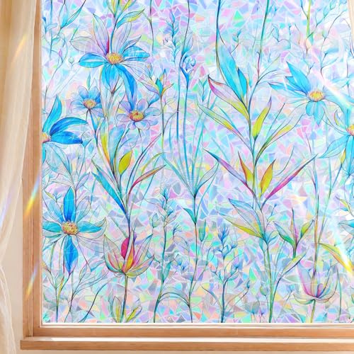 Finnez Fensterfolie Selbstklebend Statisch Blau 44,5 x 200cm | Regenbogen Optik mit Bunt Blumenmuste Sonnenschutzfolie Blickdichte Sichtschutzfolie Anti-UV Dekofolie für Wohnzimmer Küche