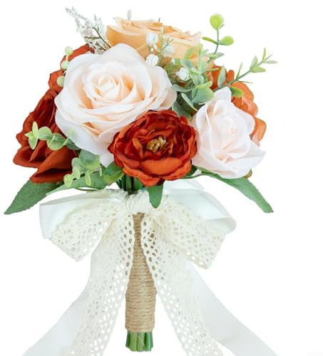 Snowchecking Hochzeitsstrauß mit Seidenrosen, Dahlie, gemischtes Blumenarrangement für Braut, Brautjungfer, Zeremonie, Dekoration (orange)