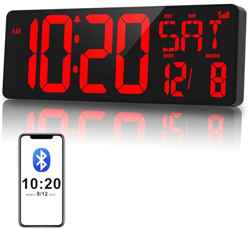 XREXS 17 Inch Digital Wall Clock | Bluetooth Auto-Sync Time & Auto-Dimming | Displays Date, Week, Temperature, Timer, Alarm | for Home, Office, Gym, Classroom (Plug-in)