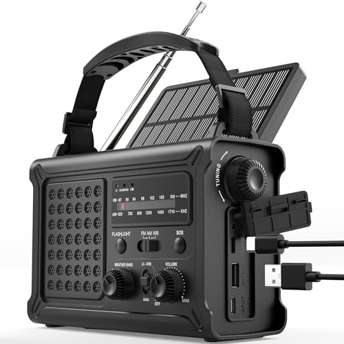 ROCAM Radio d'urgence Solaire 12 000 mAh avec Manivelle 650 mA Et Panneau Solaire 8500 mm², Radio Portable AM/FM Étanche IPX6 avec Lampe LED, USB, Alarme SOS - Idéale pour Camping Et Panne De Courant