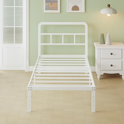 Lutown-Teen Cama Individuales 90x190 cm de Metal con Cabecero de Esquina Curvo, Altura 36 cm, Somier 90 x 190 con Patas, Espacio Almacenamiento, Fácil Montaje, Blanco