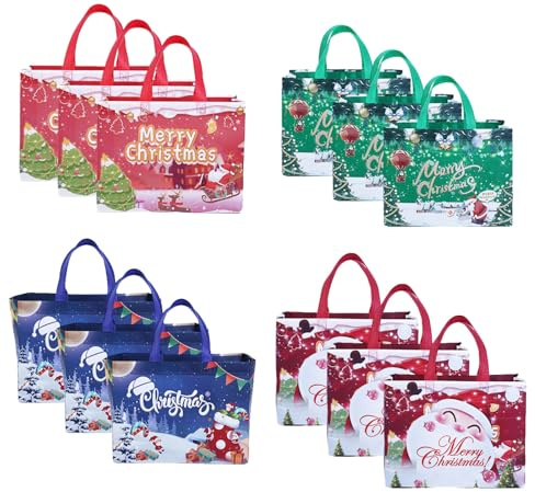 12 stycken presentpåsar jul stora återanvändbara julpåsar icke vävda julpåsar julklappspåsar med handtag för jul och festpresenter 32,5 x 25 x 17 cm