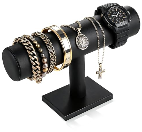 TENINYU Hovering T-Bar Bracelet Necklace Earring Bangle Pendants Anklet Tower Watch Key Jewelry Display Stand for Home Organization (Black Leatherette)