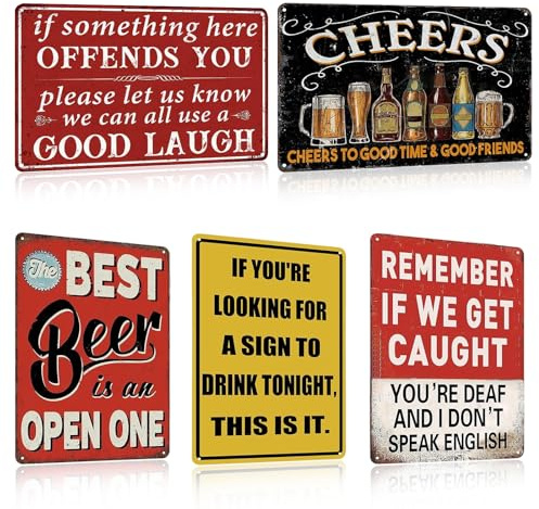 5Pcs Vintage Metal Tin Bar Signs, Retro Bar Metal Wall Decor, Man Cave Accessories, Decorative Signs and Plaques for Home Garden Kitchen Bar Club Decoration, 8×12inch/20x30cm