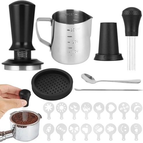 YOFAPA 7 Pcs Coffee Tamper Set, 5 cm / 1.97 in Espresso Barista Coffee Machine Accessories with Calibrated Spring Tamper, Milk Frothing Pitcher, Coffee Art Pen, Stencils, Tamper Mat