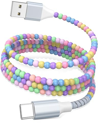 AIAUXAI USB C Cable 2M USBA to USB C Cute Beaded Charger Cord&CarPlay Cable | Car Charger Cord for iPhone 17 16 Pro Max 15/iPad Air 10 11 A16/Samsung S26 S25 S24 Beaded Phone Charger Women Girls,Macaron
