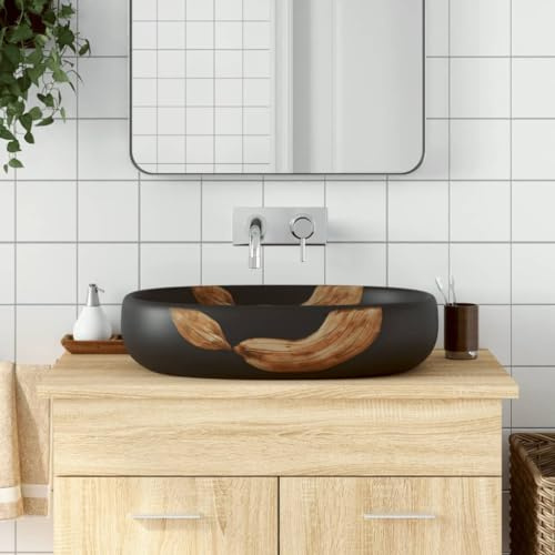 Lavabos de Salle de Bain à Poser,Vasque à poser noir ovale 59x40x14 cm céramique,Meuble Lave Main Wc pour Cuisine