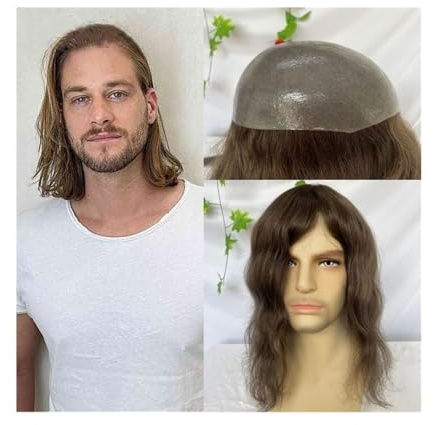 Für Männer Toupet for Männer, 12 langes Echthaar-Ersatzsystem 4# Mittelbraun Farbe 8x10 Zoll Voll-PU dünne Hautbasis Herren-Haarteil Herren-Toupet Perückenkopf