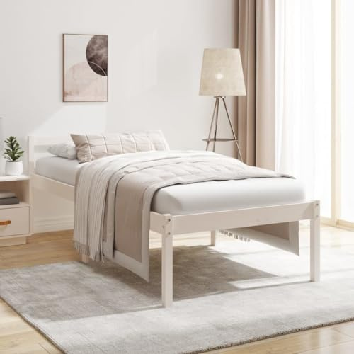 QUAHEAS Seniorenbett Weiß 90x190 cm Massivholz Kiefer, erhöhte Sitzhöhe 45cm, Stabiler Bettrahmen mit Kopfteil, Holz