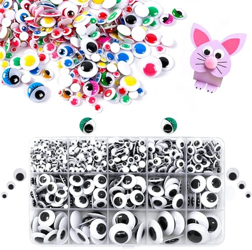 KIBBEH Selbstklebende Wackelaugen 1580 Stück Für Basteln Und Scrapbooking | Kunststoff, selbstklebend, Kulleraugen, 1580-teilig, sortierte Größen und Farben, für Schule, DIY, Dekoration, Geschenke