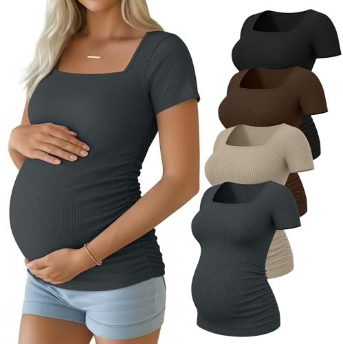 Geyoga Paquete de 4 Camisas de Maternidad para Mujer | Conjuntos De Ropa De Trabajo Para Embarazadas, Camiseta De Verano De Manga Corta Con Fruncido Lateral Para Embarazadas