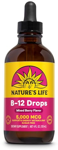Nature's Life B12 Drops 5000 mcg - Vitamin B12 Methylcobalamin - Liquid B12 Supplement for Energy Metabolism, Nerve Function and Red Blood Cell Support Natural Mixed Berry, Sugar Free (200 Serv, 4oz)
