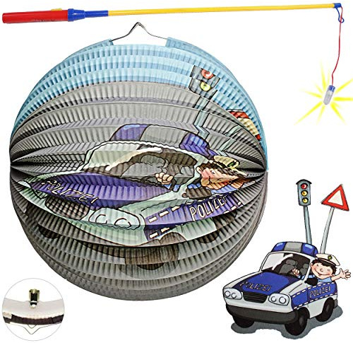 alles-meine.de GmbH Set: Laterne/Lampion + LED Laternenstab - Polizei - Polizeiauto - für Kinder - Papierlaterne Rund - aus Papier - Lampe - Laternen Lampions - Figur - elektri..