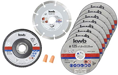 kwb Trennscheiben-Set, 10-teilig, Dünntrennscheiben, Diamanttrennscheibe, Schleifmopteller, Ø 125 mm, für Winkelschleifer, vielseitige Anwendung, praktische Aufbewahrungsdose, inkl. Gehörschutzstöpsel