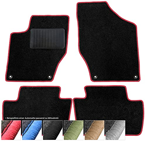 moto-MOLTICO Fußmatten Auto - Velours Autoteppiche passend für Mitsubishi Lancer (2007-2016) - 4-teiliges Set - Schwarze Automatten mit Roten Ziernähten
